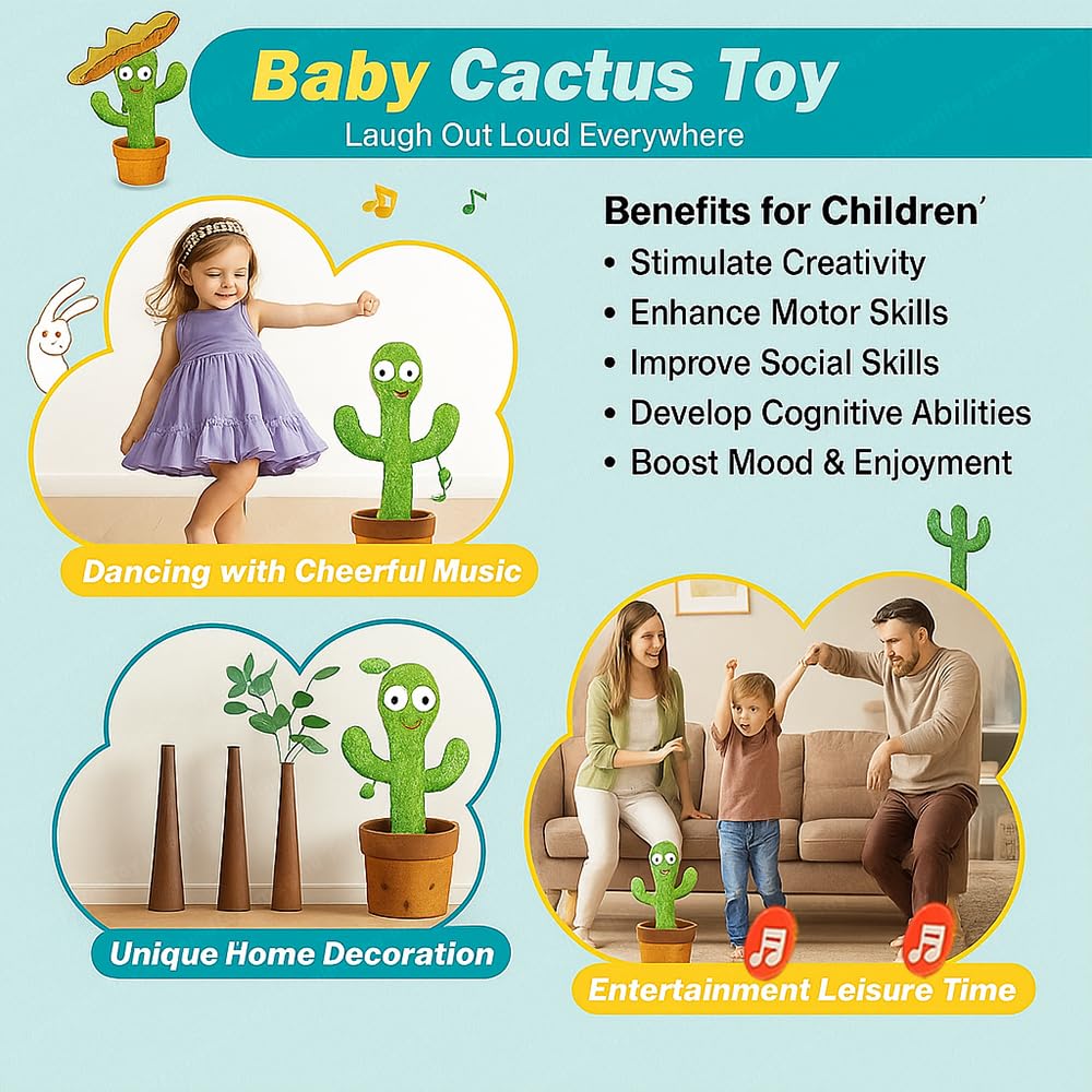 Rechargeable Talking Cactus Toy for Kids - Musical Dancing, Speaking Cactus Toy for Babies – Educational Talking Toy for Baby Boys & Girls (0-6 Years) – Speaking, Repeating for Toddlers