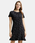Jockey Sleep Dress Cotton Ruffled Hem Styled Half Sleeve Printed - Black