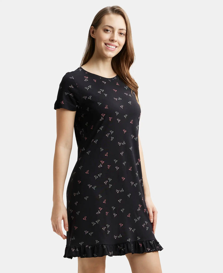 Jockey Sleep Dress Cotton Ruffled Hem Styled Half Sleeve Printed - Black