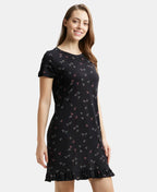 Jockey Sleep Dress Cotton Ruffled Hem Styled Half Sleeve Printed - Black