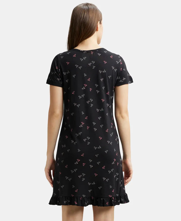 Jockey Sleep Dress Cotton Ruffled Hem Styled Half Sleeve Printed - Black