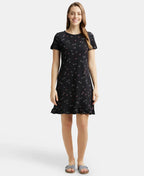 Jockey Sleep Dress Cotton Ruffled Hem Styled Half Sleeve Printed - Black