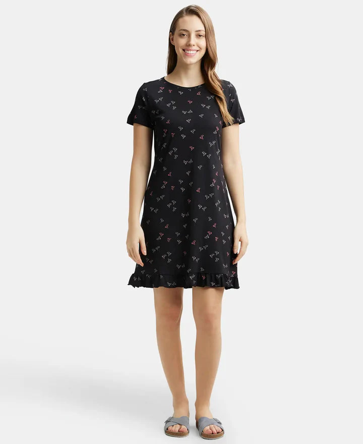 Jockey Sleep Dress Cotton Ruffled Hem Styled Half Sleeve Printed - Black