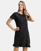 Jockey Sleep Dress Cotton Ruffled Hem Styled Half Sleeve Printed - Black