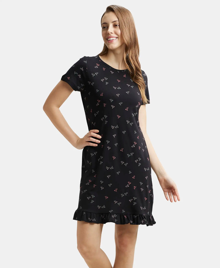 Jockey Sleep Dress Cotton Ruffled Hem Styled Half Sleeve Printed - Black