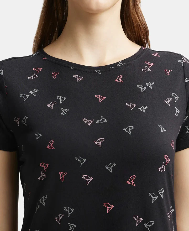 Jockey Sleep Dress Cotton Ruffled Hem Styled Half Sleeve Printed - Black