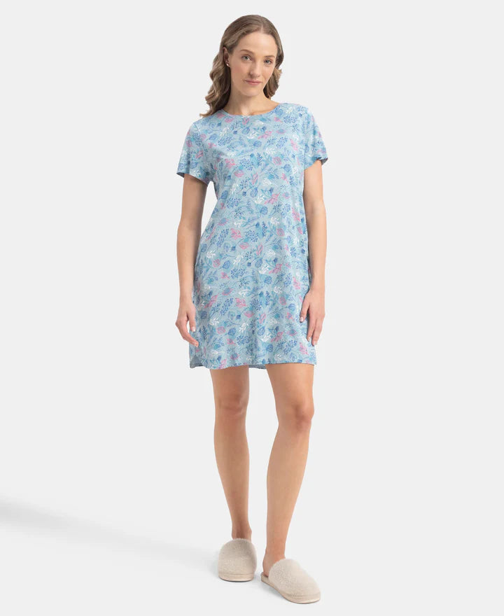 Jockey Sleep Dress Cotton Ruffled Hem Styled Half Sleeve Printed - Forget Me Not
