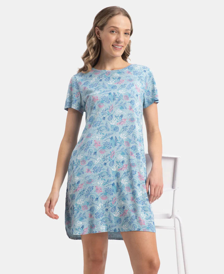 Jockey Sleep Dress Cotton Ruffled Hem Styled Half Sleeve Printed - Forget Me Not