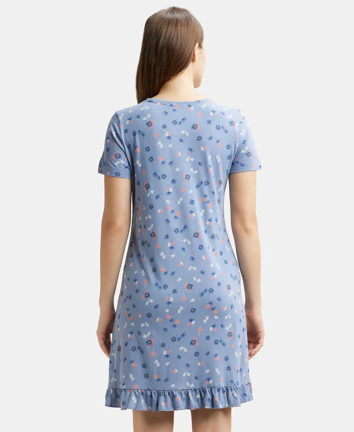 Jockey Sleep Dress Cotton Ruffled Hem Styled Half Sleeve Printed - Infinity Blue Assorted Prints