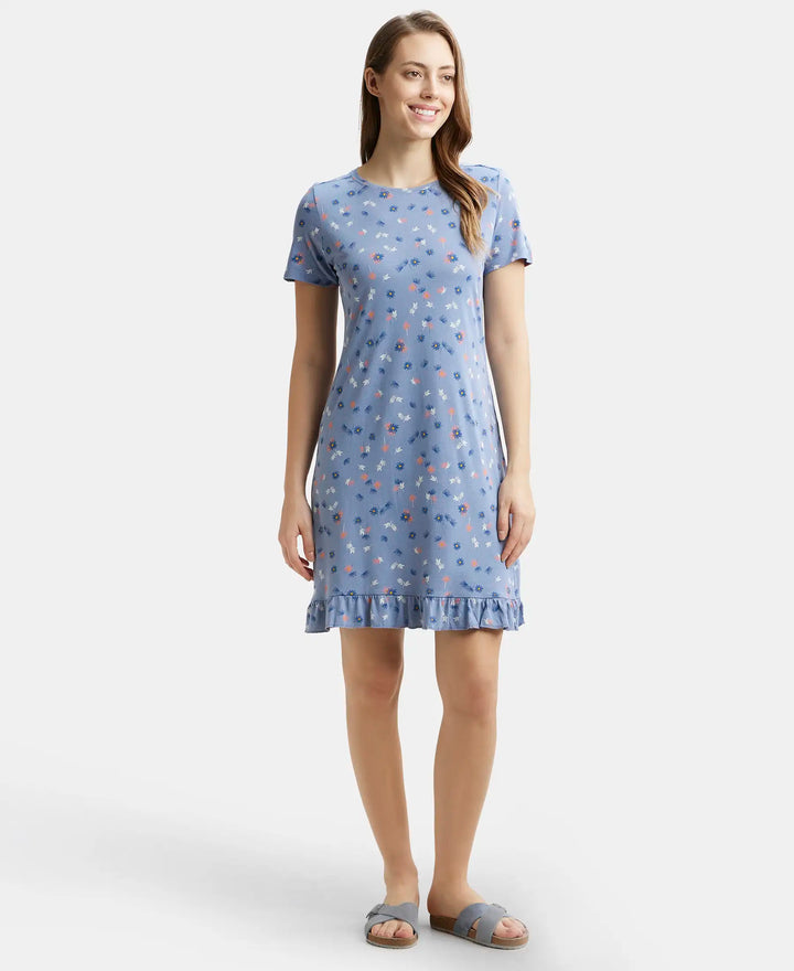 Jockey Sleep Dress Cotton Ruffled Hem Styled Half Sleeve Printed - Infinity Blue Assorted Prints