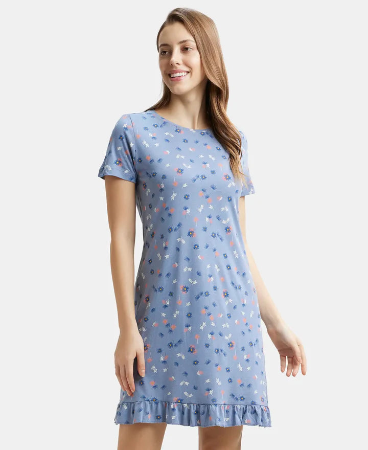 Jockey Sleep Dress Cotton Ruffled Hem Styled Half Sleeve Printed - Infinity Blue Assorted Prints