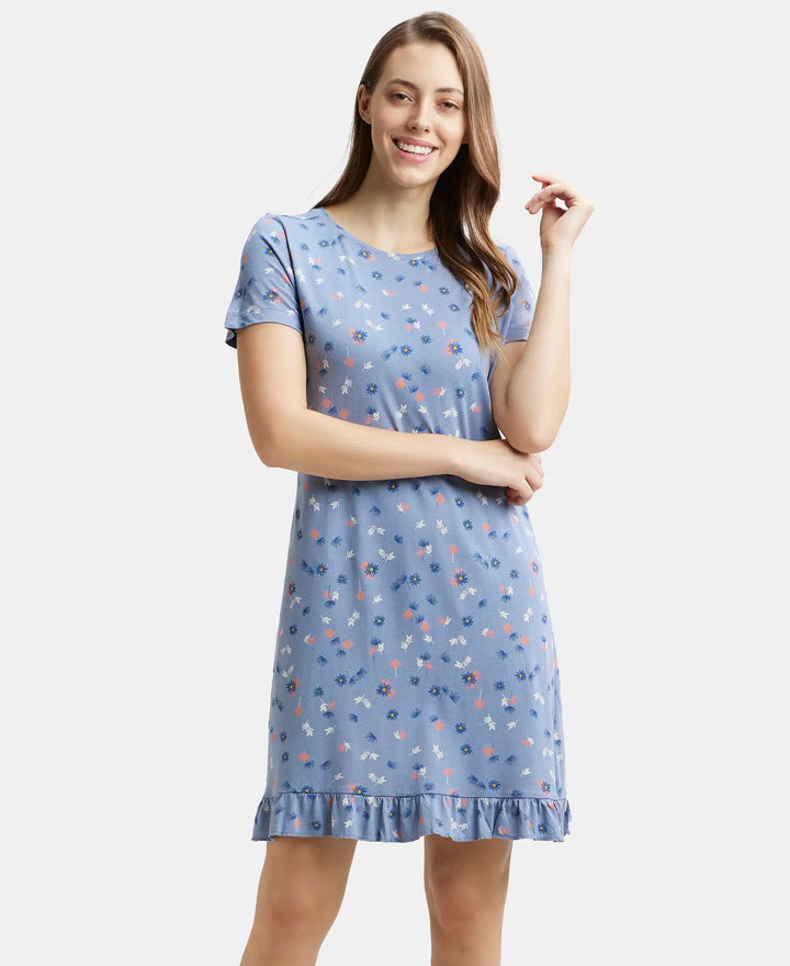 Jockey Sleep Dress Cotton Ruffled Hem Styled Half Sleeve Printed - Infinity Blue Assorted Prints