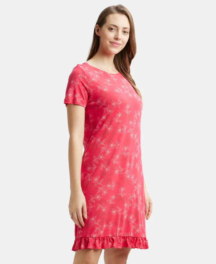Jockey Sleep Dress Cotton Ruffled Hem Styled Half Sleeve Printed - Ruby
