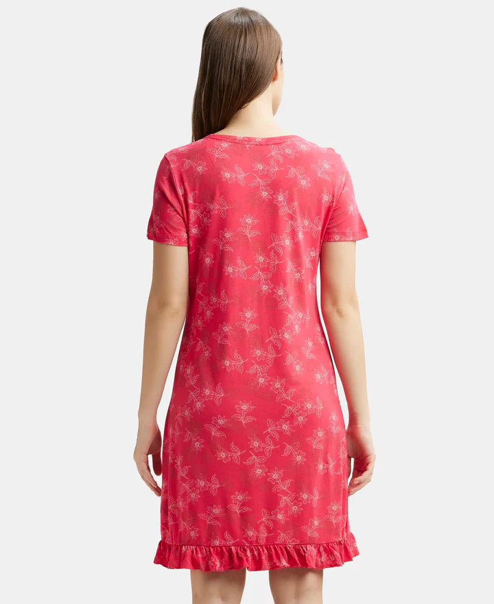 Jockey Sleep Dress Cotton Ruffled Hem Styled Half Sleeve Printed - Ruby