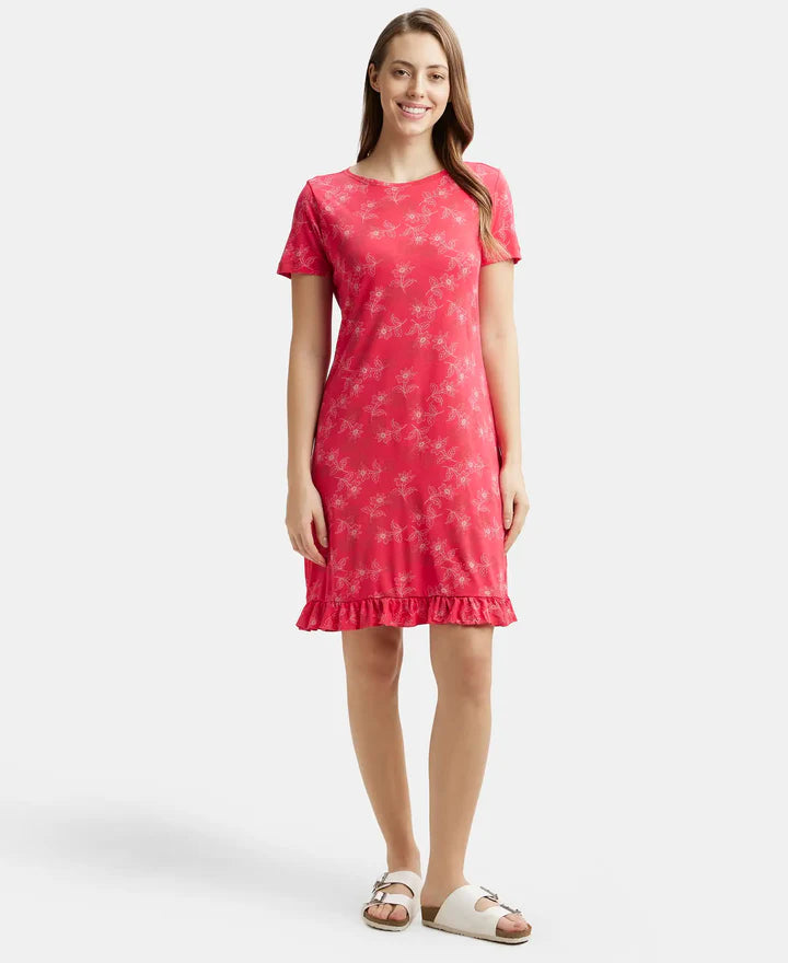 Jockey Sleep Dress Cotton Ruffled Hem Styled Half Sleeve Printed - Ruby