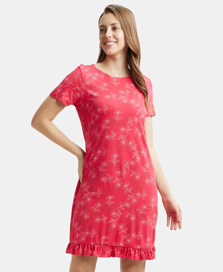 Jockey Sleep Dress Cotton Ruffled Hem Styled Half Sleeve Printed - Ruby
