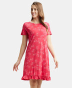 Jockey Sleep Dress Cotton Ruffled Hem Styled Half Sleeve Printed - Ruby