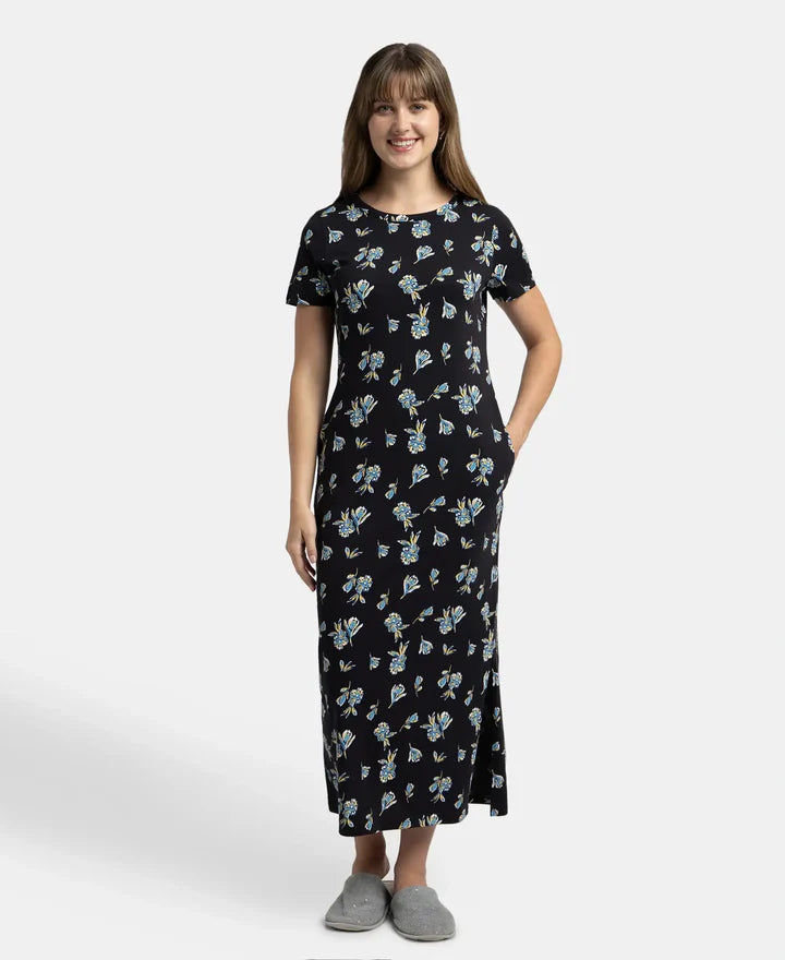 Jockey Lounge Dress Super Combed Cotton Long Length Printed - Black