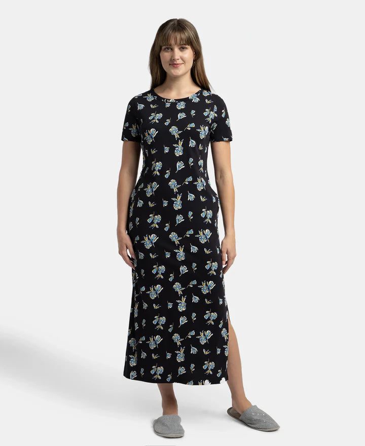 Jockey Lounge Dress Super Combed Cotton Long Length Printed - Black