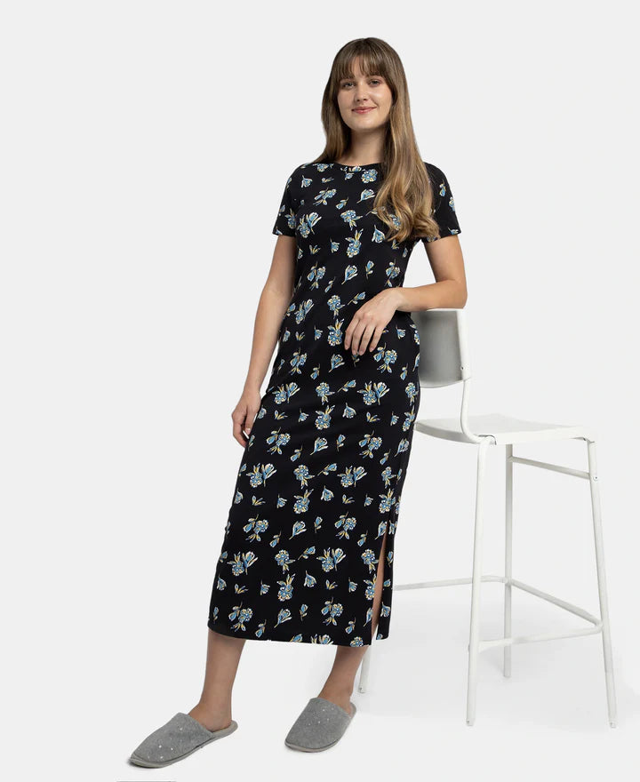 Jockey Lounge Dress Super Combed Cotton Long Length Printed - Black
