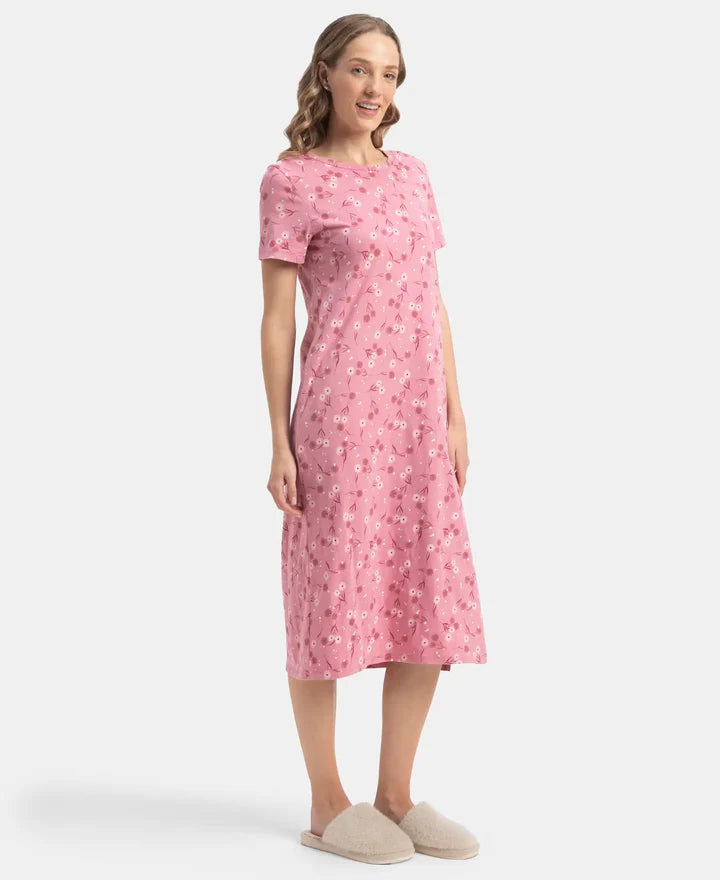 Jockey Lounge Dress Super Combed Cotton Long Length Printed - Cashmere Rose