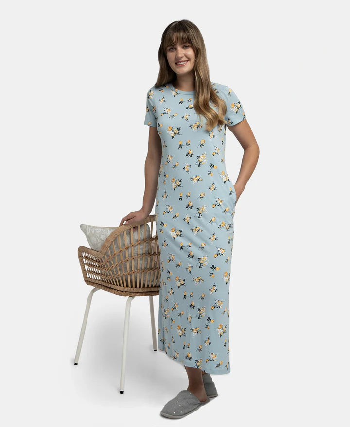 Jockey Lounge Dress Super Combed Cotton Long Length Printed - Forget Me Not