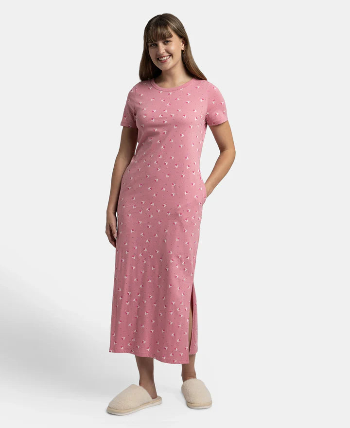 Jockey Lounge Dress Super Combed Cotton Long Length Printed - Wild Rose